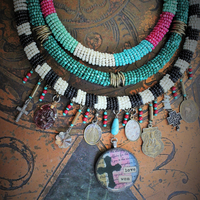 NEW! Peace with your Soul Necklace with Unique 3 Strand Seed Bead Finding,"Love Won" Pendant,Antique French & Tibetan Medals,Carved Tourmaline Buddha & More!