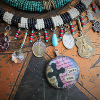 NEW! Peace with your Soul Necklace with Unique 3 Strand Seed Bead Finding,"Love Won" Pendant,Antique French & Tibetan Medals,Carved Tourmaline Buddha & More!
