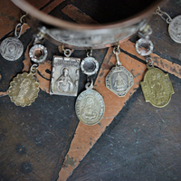 Wide Vintage Italian Bronze Cuff with Signed Marian Medallion,Antique French Medals,Vintage Prong Set Faceted Crystals & Sterling Cross