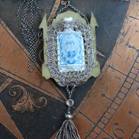 Amazing Antique Cut Steel Necklace with Antique Cut Steel Tassel,Antique Blessing Bag & Sterling Chain