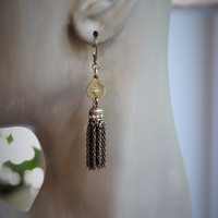 Antique Flaming Sacred Heart Earrings with Unique Rhinestone Chain Tassels & Gold Fill Earring Wires