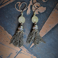 Antique Flaming Sacred Heart Earrings with Unique Rhinestone Chain Tassels & Gold Fill Earring Wires