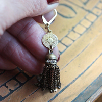 Antique Flaming Sacred Heart Earrings with Unique Rhinestone Chain Tassels & Gold Fill Earring Wires