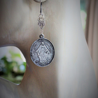 Marian Earrings with Antique Sterling Filigree Heart Rosary Connectors,French Marian Medals,Sterling Leverback Earring Wires