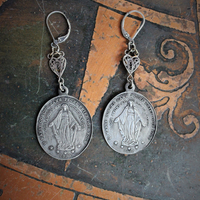 Marian Earrings with Antique Sterling Filigree Heart Rosary Connectors,French Marian Medals,Sterling Leverback Earring Wires