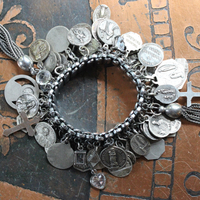 OOAK Antique French Medals Expanding Fully Loaded Charm Bracelet with over 72 Antique Medals, Crosses, Crystals, & Drops!!