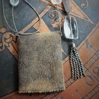 The Kybalion Necklace Set w/Antique Hand Stitched Distressed Leather Pouch,Antique Cut Steel Beads & Checkerboard Faceted Rock Quartz, Miniature Full Text of The Kybalion & More!