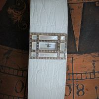 Unique & Long Retired Valentino Wide White Alligator Leather, Mother of Pearl & Crystal Watch Cuff Bracelet