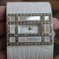 Unique & Long Retired Valentino Wide White Alligator Leather, Mother of Pearl & Crystal Watch Cuff Bracelet