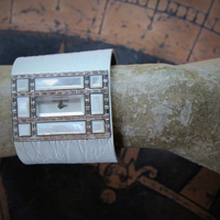 Unique & Long Retired Valentino Wide White Alligator Leather, Mother of Pearl & Crystal Watch Cuff Bracelet