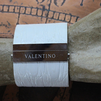 Unique & Long Retired Valentino Wide White Alligator Leather, Mother of Pearl & Crystal Watch Cuff Bracelet