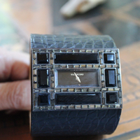 Unique & Long Retired Valentino Wide Black Alligator Leather & Crystal Watch Cuff Bracelet