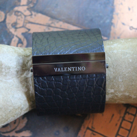 Unique & Long Retired Valentino Wide Black Alligator Leather & Crystal Watch Cuff Bracelet