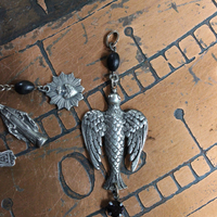 Vintage Sacred Heart & French Medals Cuff Bracelet & Holy Spirit Dove Pendant Set 