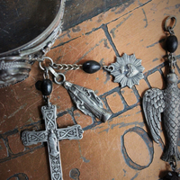 Vintage Sacred Heart & French Medals Cuff Bracelet & Holy Spirit Dove Pendant Set 