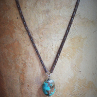 Be Soulful Necklace with Polished Rock Quartz Point, Polished Turquoise Nugget, Hand Stitched Leather Ties, Sterling Toggle Clasp