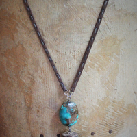 Be Soulful Necklace with Polished Rock Quartz Point, Polished Turquoise Nugget, Hand Stitched Leather Ties, Sterling Toggle Clasp