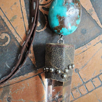 Be Soulful Necklace with Polished Rock Quartz Point, Polished Turquoise Nugget, Hand Stitched Leather Ties, Sterling Toggle Clasp