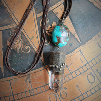 Be Soulful Necklace with Polished Rock Quartz Point, Polished Turquoise Nugget, Hand Stitched Leather Ties, Sterling Toggle Clasp