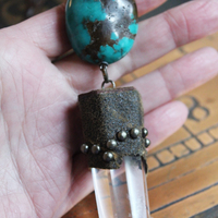 Be Soulful Necklace with Polished Rock Quartz Point, Polished Turquoise Nugget, Hand Stitched Leather Ties, Sterling Toggle Clasp