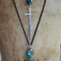 Vintage Sterling Cross & Polished Turquoise Stone Necklace - perfect layering piece!
