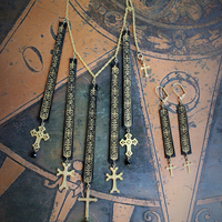 Antique French Gold Painted Wood Findings Necklace & Earring Set with 8 Crosses and Faceted Jet Beads