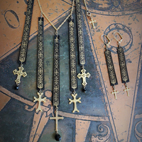 Antique French Gold Painted Wood Findings Necklace & Earring Set with 8 Crosses and Faceted Jet Beads