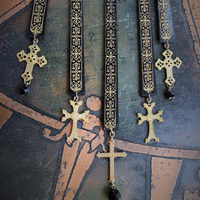 Antique French Gold Painted Wood Findings Necklace & Earring Set with 8 Crosses and Faceted Jet Beads