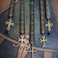 Antique French Gold Painted Wood Findings Necklace & Earring Set with 8 Crosses and Faceted Jet Beads