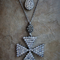 AMAZING Antique Georgian Paste Cross & Tear Drop Necklace Set with Sterling Chains