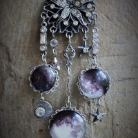 The Moon & Fire Within Necklace with Antique Mesh Chain,Moon Phase Orbs,Tiny Antique Moon & Stars