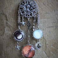 The Moon & Fire Within Necklace with Antique Mesh Chain,Moon Phase Orbs,Tiny Antique Moon & Stars