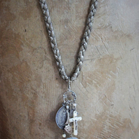 Hope and Love Necklace with Antique French Braided Chain,Glass Holy Card Marian Pendant,Antique Engraved "Mary" Love Token,Engraved "Fill my Heart with your Love" Cross & More!