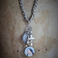 Hope and Love Necklace with Antique French Braided Chain,Glass Holy Card Marian Pendant,Antique Engraved "Mary" Love Token,Engraved "Fill my Heart with your Love" Cross & More!