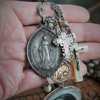 Hope and Love Necklace with Antique French Braided Chain,Glass Holy Card Marian Pendant,Antique Engraved "Mary" Love Token,Engraved "Fill my Heart with your Love" Cross & More!