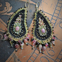 NEW! OOAK Beaded and Crocheted Tourmaline Paisley Earrings!!