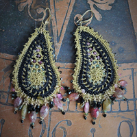 NEW! OOAK Beaded and Crocheted Tourmaline Paisley Earrings!!