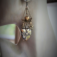 Cast Bronze Flaming Sacred Earrings with tiny Cherubs, Crystals, and Puffy Hearts