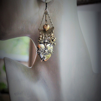 Cast Bronze Flaming Sacred Earrings with tiny Cherubs, Crystals, and Puffy Hearts