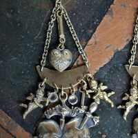 Cast Bronze Flaming Sacred Earrings with tiny Cherubs, Crystals, and Puffy Hearts