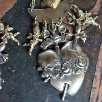 Cast Bronze Flaming Sacred Earrings with tiny Cherubs, Crystals, and Puffy Hearts