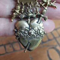 Cast Bronze Flaming Sacred Earrings with tiny Cherubs, Crystals, and Puffy Hearts
