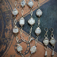Now is the Time Necklace & Earring Set with 15 Antique & Vintage Watches, Antique Foxtail Chain Tassels & Leverback Earring Wires