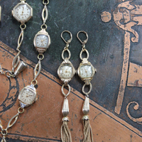 Now is the Time Necklace & Earring Set with 15 Antique & Vintage Watches, Antique Foxtail Chain Tassels & Leverback Earring Wires