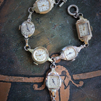 Circle of Time Bracelet and Ring Set with 7 Vintage & Antique Watches, Vintage Faceted Tear Drop & Sterling Toggle Clasp