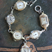 Circle of Time Bracelet and Ring Set with 7 Vintage & Antique Watches, Vintage Faceted Tear Drop & Sterling Toggle Clasp