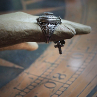 Sterling Blessing Locket Ring with Flaming Sacred Heart,Tiny Antique French Medals,Antique Faceted Crystal Drop,Antique Sterling Cross