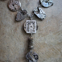 The Fabric of Time Necklace & Earrings Set with 16 Antique Watch Parts,Antique Gear & Gasket Connectors, Antique Chain & Clasp