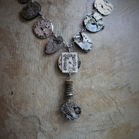 The Fabric of Time Necklace & Earrings Set with 16 Antique Watch Parts,Antique Gear & Gasket Connectors, Antique Chain & Clasp