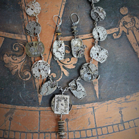 The Fabric of Time Necklace & Earrings Set with 16 Antique Watch Parts,Antique Gear & Gasket Connectors, Antique Chain & Clasp